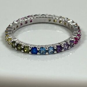 Rhodium Plated Solid 925 Sterling Silver Rainbow CZ Stacker Eternity Band Size 7